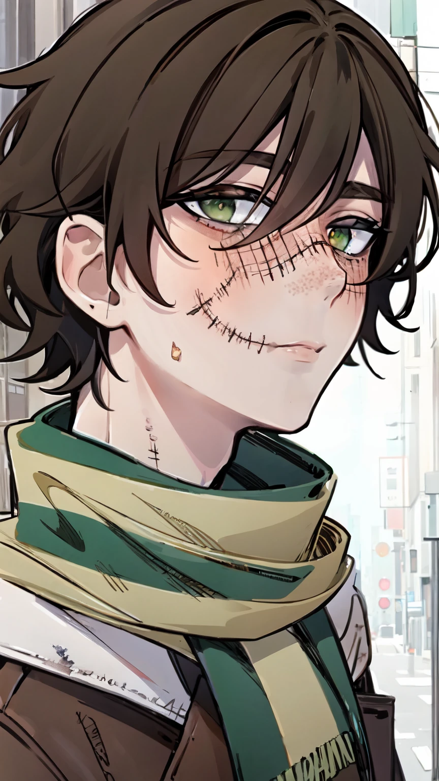 short brown hair, man with scarred face, green eyes, stitches, striped scarf, 
