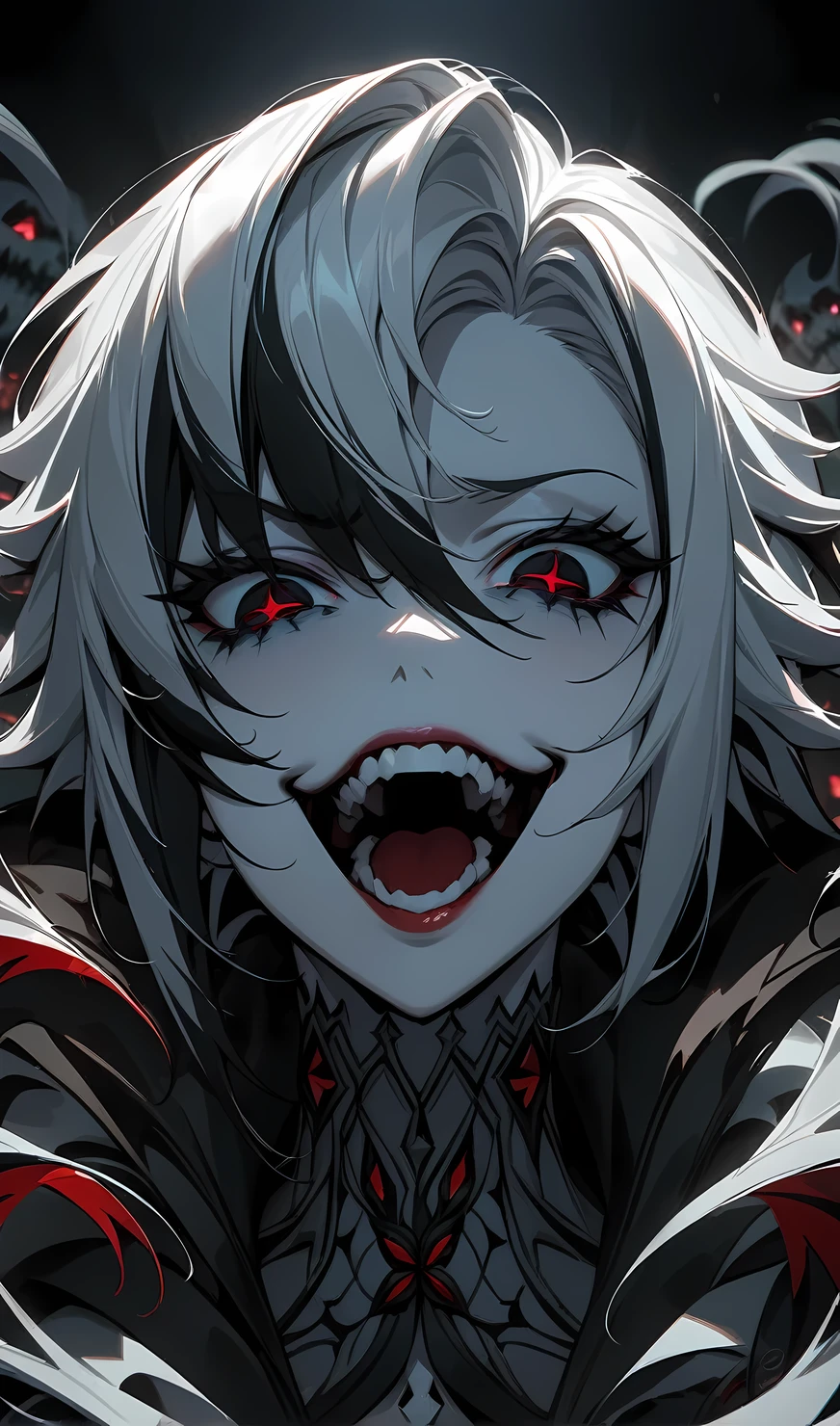 Arlecchino ,dark theme, nightmare, villian,(masterpiece), (best quality), ultra high res, professional artwork, ultra detailed, intricate, detailed face, perfect lighting, 1girl, scary face, laughing