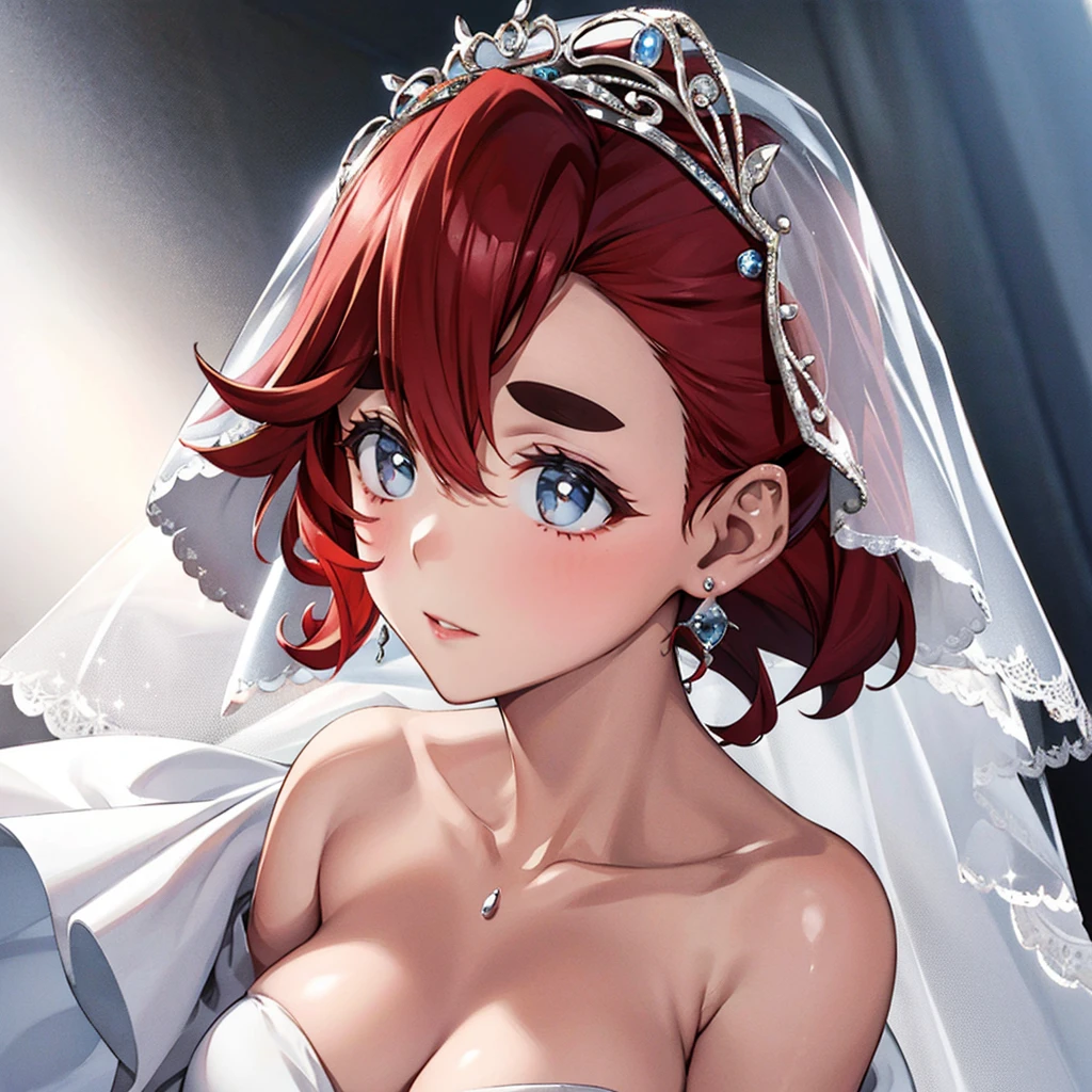 Mercury Witch、((highest quality)), ((masterpiece)), (detailed), Perfect Face、((Thretta Mercury、１People only、Perfect proportions、Redhead、Wedding dress、Veil、Earrings、Engagement Rings))、wedding style、Full body portrait