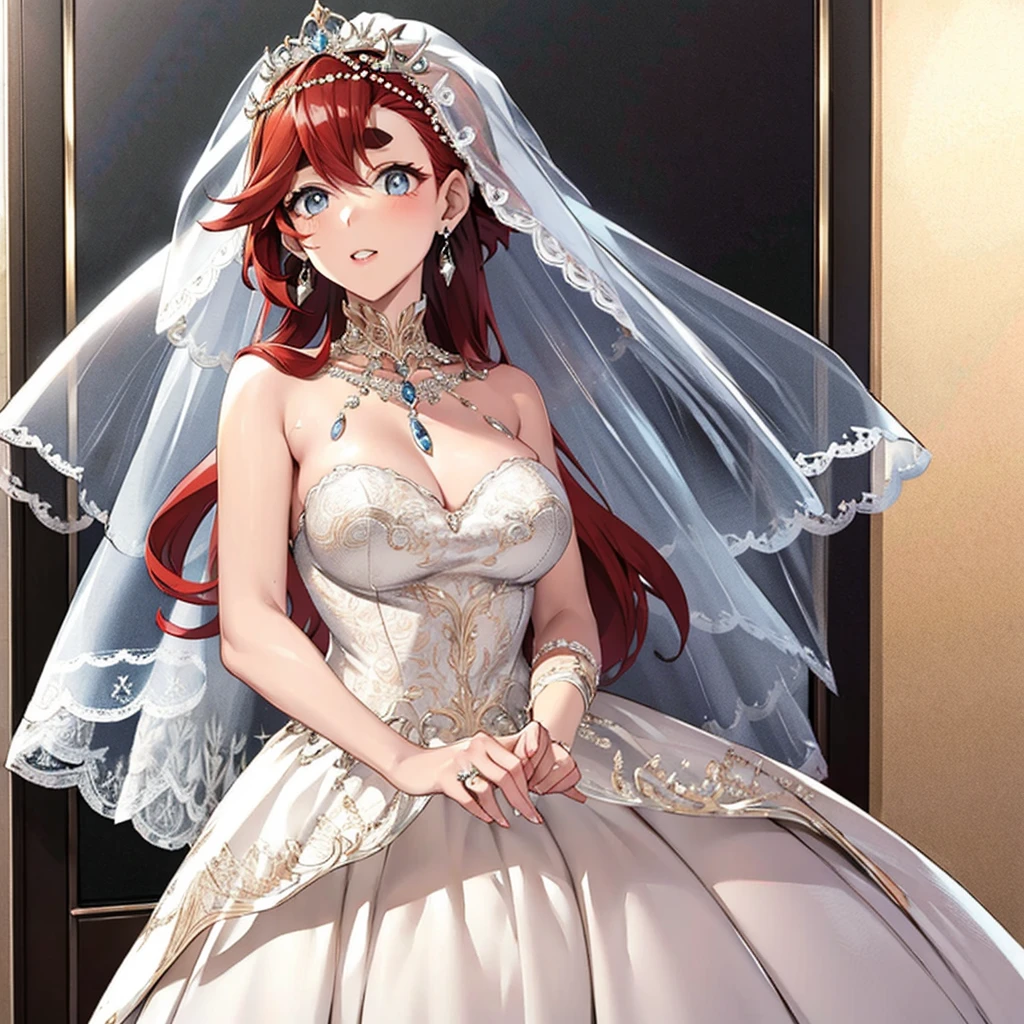 Mercury Witch、((highest quality)), ((masterpiece)), (detailed), Perfect Face、((Thretta Mercury、１People only、Perfect proportions、Redhead、Wedding dress、Veil、Earrings、Engagement Rings))、wedding style、Full body portrait