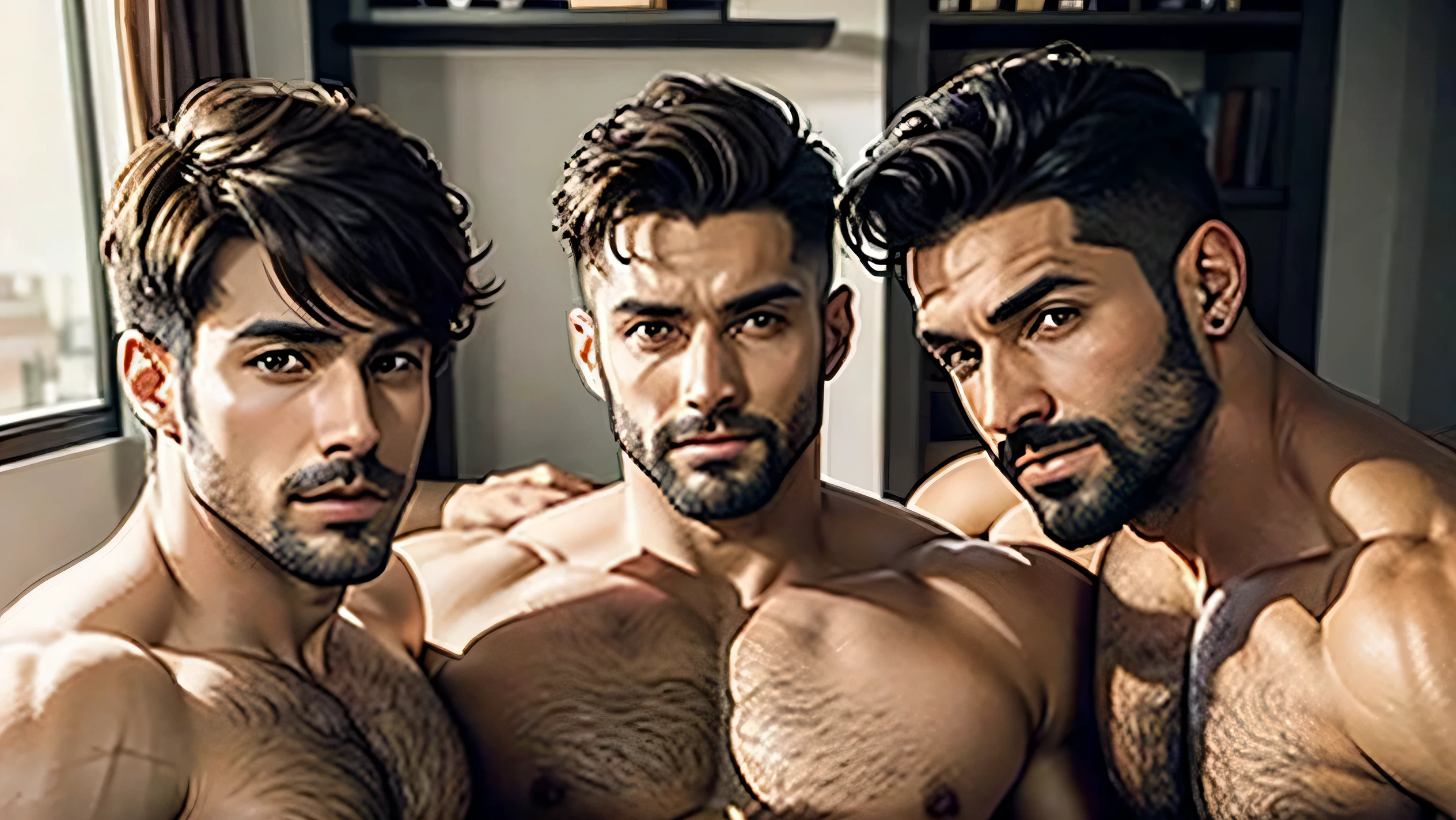 3 BEAUTIFUL MEN AROUND 35 YEARS OLD SHIRTLESS with very short cut hair WITH FACIAL HAIR AND HAIRY CHEST