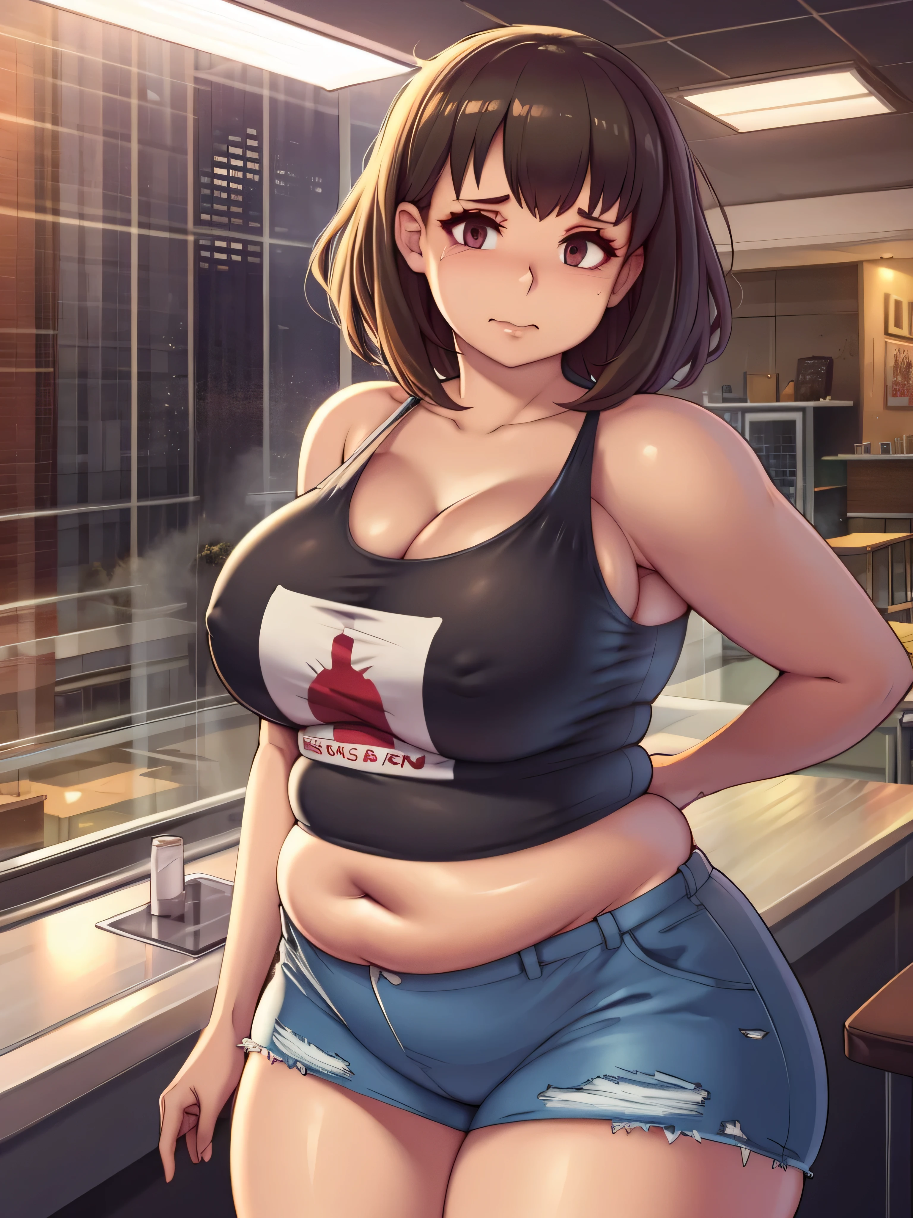 ((highres)), Masterpiece, high quality, best quality, beautiful, perfect lighting, detailed face, ultra cute face, looking at viewer, blushing, 1girl, (thick thighs), (wide hips), chubby, art by kipteitei, brown hair, short hair, messy hair, shorts, crop top, arms behind back, fast food restaurant,