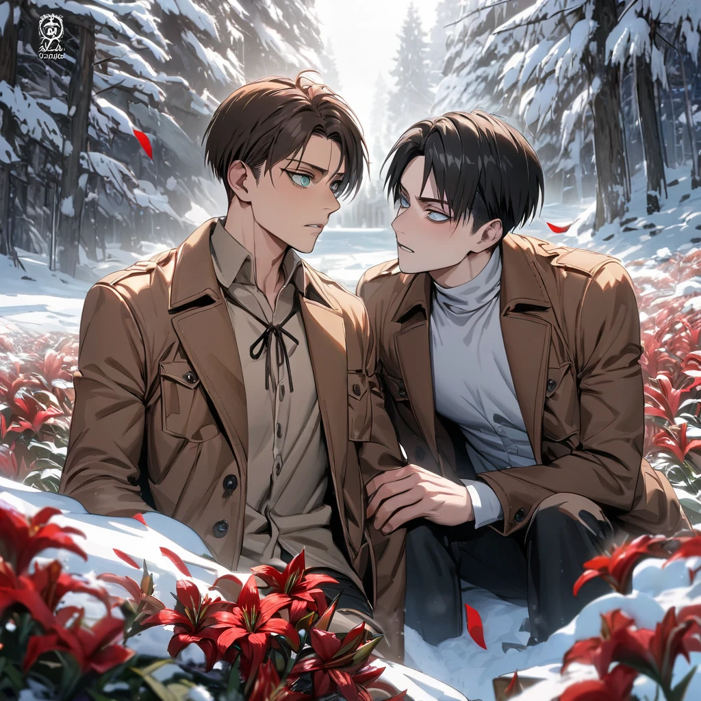 absurdres, highres, ultra detailed, HDR, masterpiece, extremely detailed face and eyes, Shingeki No Kyojin, two men together, sexy gay couple, handsome, Levi Ackerman together with Eren Yeager, Levi Ackerman, black hair, expressive grey eyes, Eren Yeager, brown hair, expressive turquoise eyes, winter, snow, trees, red lilies, petals, brown jacket