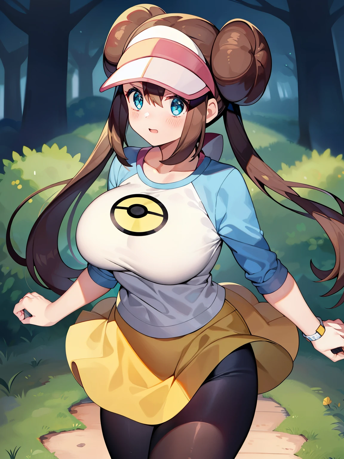 Pokemon、big breasts、big breasts、big breasts、、big、get up、May、 \(Pokemon\)、forest、Light、Pokemon, Rosa(Pokemon)、1 girl、alone、pantyhose、Double dango、Hair Bun、Visor Cap、Brown Hair、blush、Yellow Skirt、pantyhose、Black leggings、Black stockings with star ball print