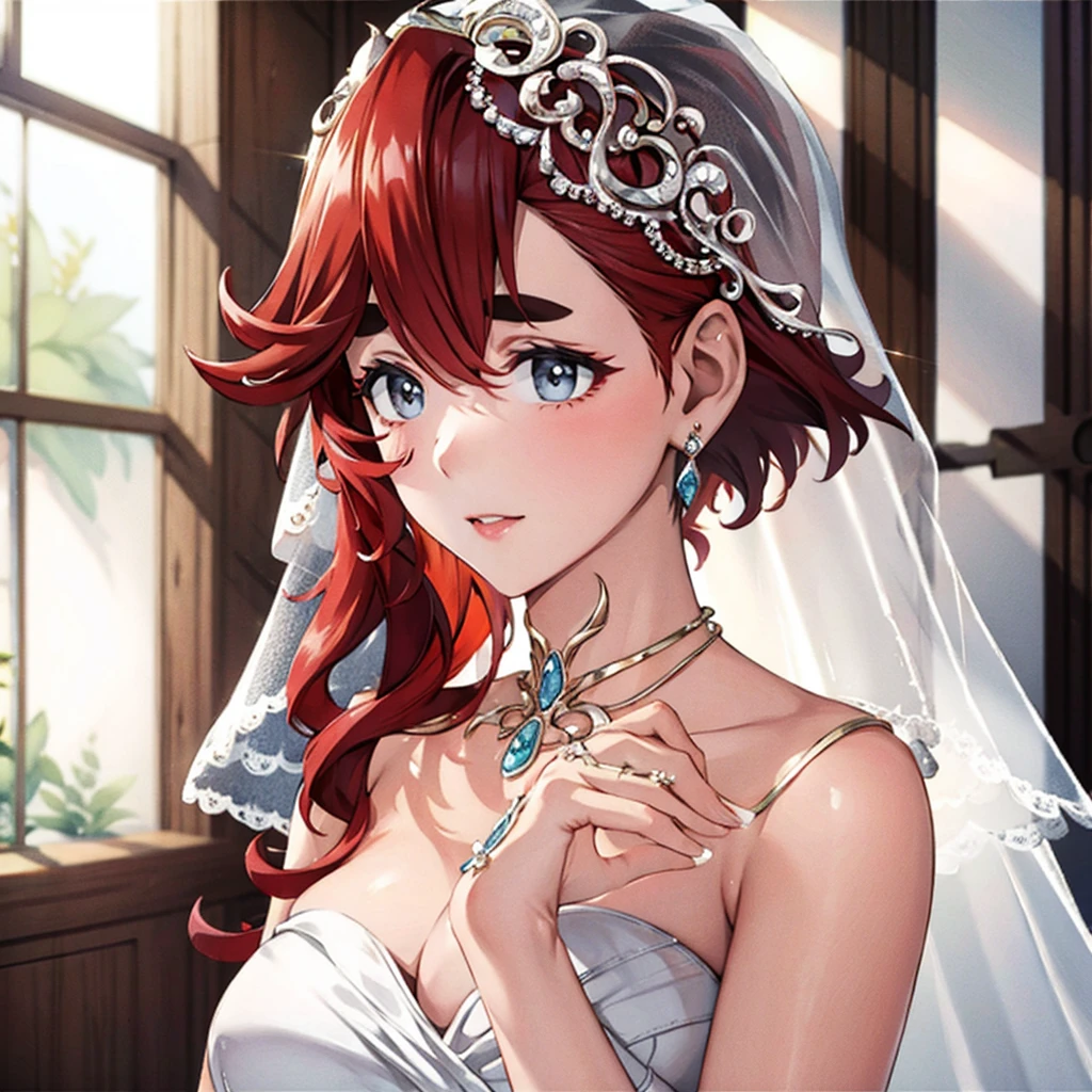 Mercury Witch、((highest quality)), ((masterpiece)), (detailed), Perfect Face、((Thretta Mercury、１People only、Perfect proportions、Redhead、Wedding dress、Veil、Earrings、Engagement Rings))、wedding style、Full body portrait