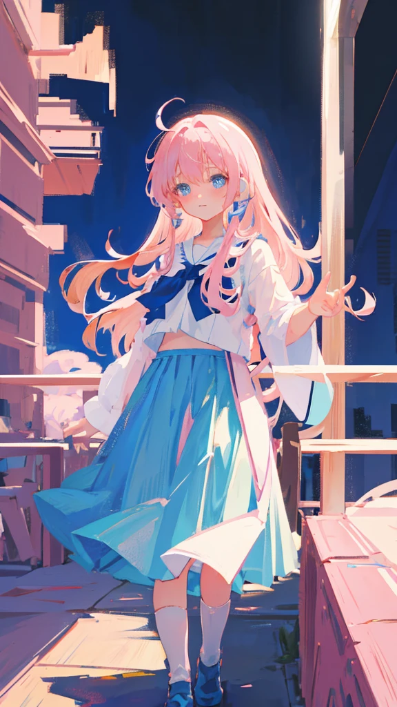Pink hair anime girl,blue eyes, Blue long skirt，White Silk，artstation pixiv