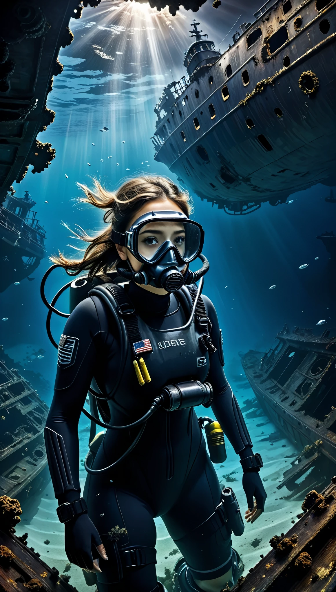 diving, underwater, scuba diving suit, scuba diving mask on face and eyes, scuba diving mask cover face, A girl diving in a wreck of a warship, with extremely detailed eyes, face, and lips, surrounded by the remnants of the ship's structure. The girl's expression is intense and focused, capturing the emotion of the scene. The warship wreckage is depicted with realism and high attention to detail, highlighting the destruction and remnants of the ship. The lighting is dimly lit, with rays of light piercing through the gaps in the wreckage, adding a dramatic atmosphere. The colors are dark and moody, emphasizing the somber mood of the scene. The artwork is in a medium of digital painting, creating a visually striking and evocative image. With the best quality, it is a masterpiece in ultra-high resolution, showcasing the artist's skill and attention to detail.