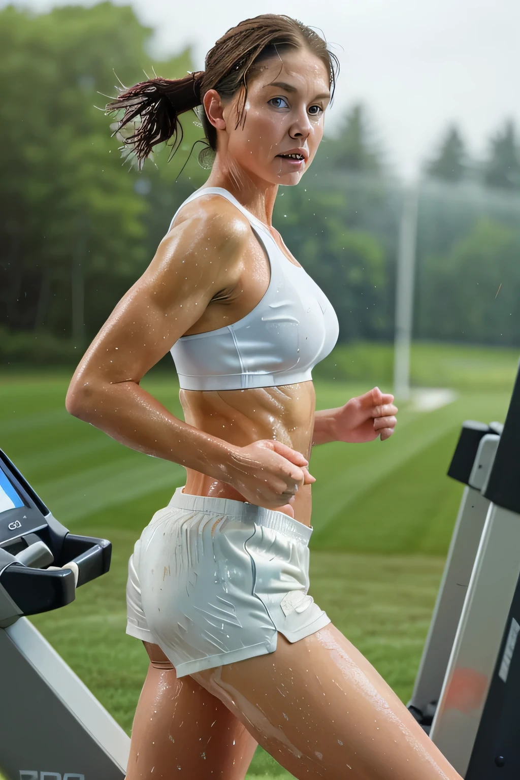 Masterpiece, 45 year old woman, brown hair, blue eyes, fit, wearing a white sports bra and short shorts, wet skin, running on a treadmill, realistic, view from side