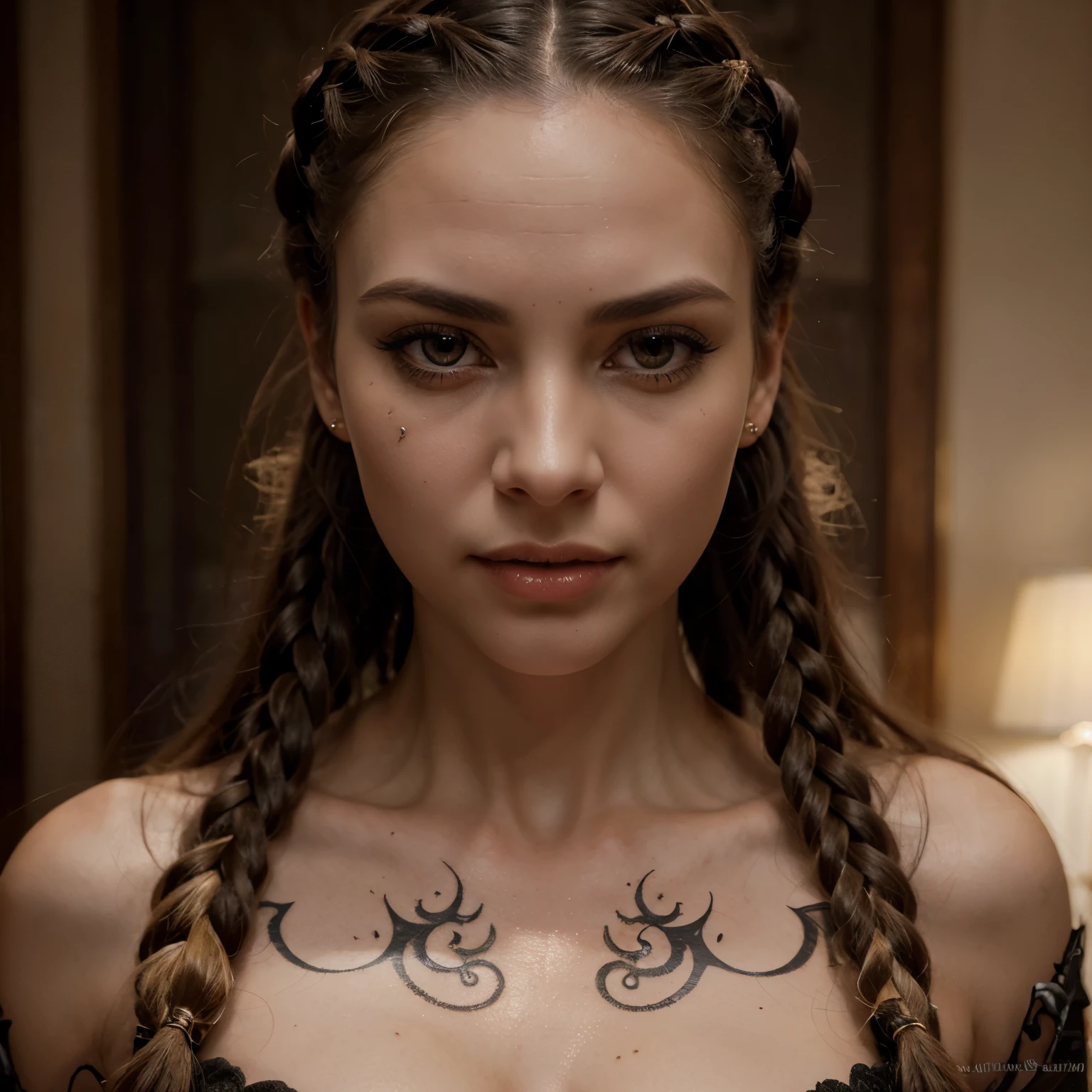 fear, hyperrealistic, 32k, high quality, hyper detail, focus on face professional photo, metamorphosis female vampire, gentle face, fangs parted mouth ivory, patterns, long eyelashes, complex long hairstyle with African braids, fantasy, filigree, surrealism, super detail, Soft lighting, body art, aesthetics , Detailed drawing