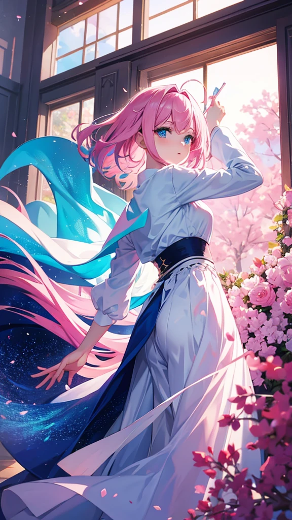 Pink hair anime girl,blue eyes, Blue long skirt，White Silk，artstation pixiv