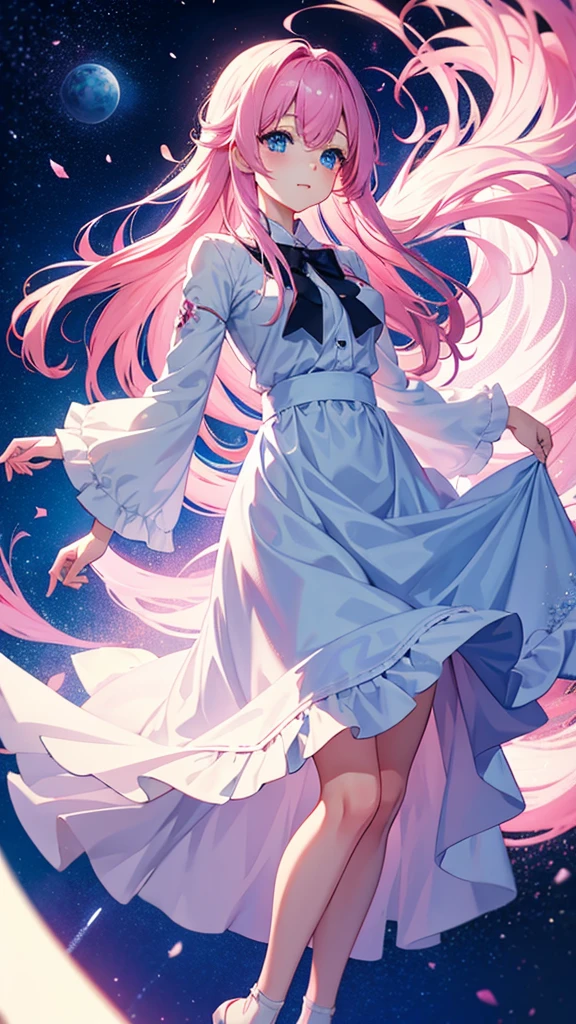 Pink hair anime girl,blue eyes, Blue long skirt,White Silk,artstation pixiv