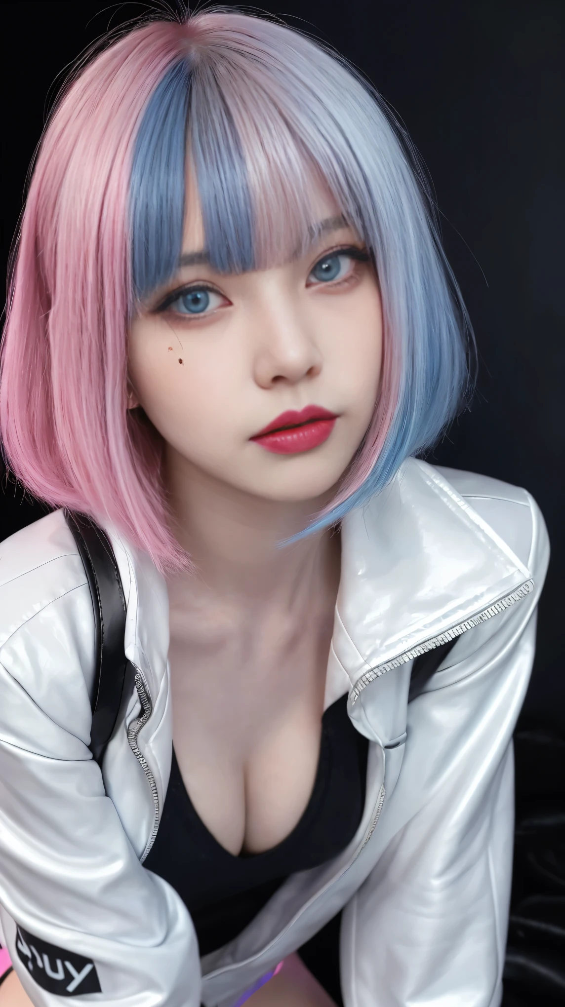 Black and light blue with silver and pink hair、Photorealistic, High resolution, Heterochromia eyes, small moles under eyes、Bobcut、Blunt bangs、Lucy\(cyber punk\), One Girl, Hair Scrunchie, Hime cut, Silver Hair, Color Chip, full moon, grey eyes, White shirt, Black tie、Leather shorts long sleeves, (Look at the viewers), Medium Hair, Multicolored Hair, Parting of the bangs, Lips parted, Pink Hair, Red eyeliner, Red lips, solo, White jacket, cyber punk\(series\), ネオンが輝くcyber punkシティの雨の夜,From below, yes、On all fours、Connecting