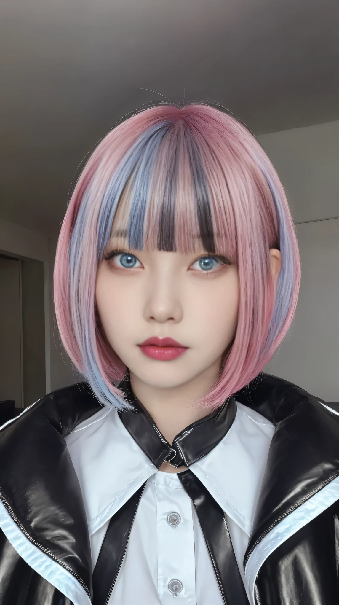 Black and light blue with silver and pink hair、Photorealistic, High resolution, Heterochromia eyes, small moles under eyes、Bobcut、Blunt bangs、Lucy\(cyber punk\), One Girl, Hair Scrunchie, Hime cut, Silver Hair, Color Chip, full moon, grey  eyes, White shirt, Black tie、Leather shorts long sleeves, (Look at the viewers), Medium Hair, Multicolored Hair, Parting of the bangs, Lips parted, Pink Hair, Red eyeliner, Red lips, solo, White jacket, cyber punk\(series\), ネオンが輝くcyber punkシティの雨の夜,From below, yes、On all fours、Connecting