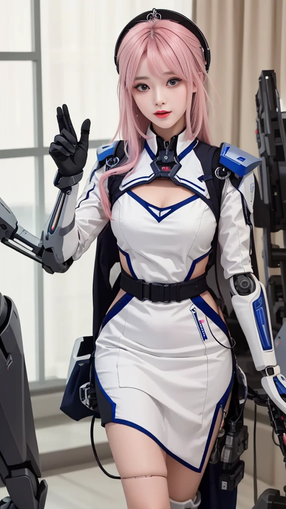 (masterpiece, best quality), Intricate details,
1 Girl, Aira_White bird_(taste), Pink Hair,
Riel Mech, Robotic Arm, electric wire, piston, , Prosthesis,
