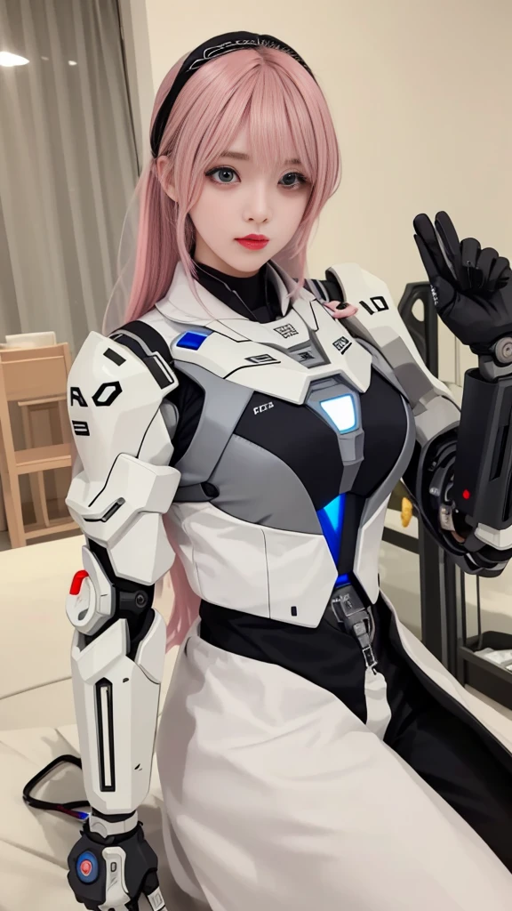 (masterpiece, best quality),  Intricate details, 
1 Girl,      Aira_White bird_(taste),  Pink Hair, 
 Riel Mech, Robotic Arm, electric wire, piston, , Prosthesis,