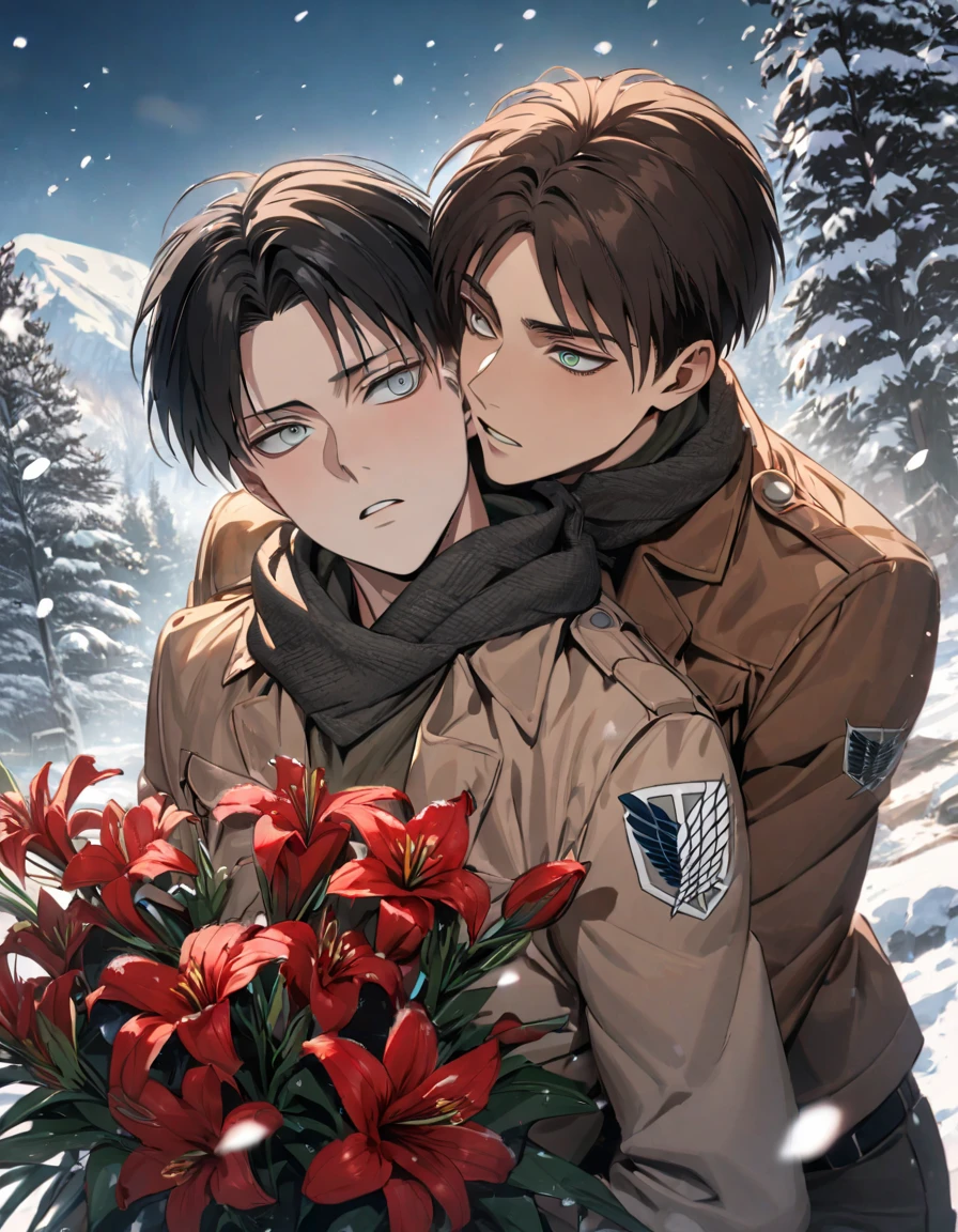 absurdres, highres, ultra detailed, HDR, masterpiece, extremely detailed face and eyes, Shingeki No Kyojin, two men together, sexy gay couple, handsome, Levi Ackerman together with Eren Yeager, Levi Ackerman, black hair, expressive grey eyes, Eren Yeager, brown hair, expressive turquoise eyes, winter, snow, trees, red lilies, petals, brown jacket