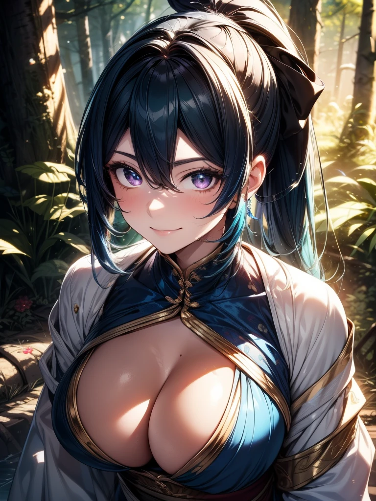 {{{masterpiece}}}, {{{best quality}}}, {{ultra-detailed}}, {cinematic lighting}, {illustration}, {beautifuly detailed eyes}, {1girl}, {half body glamour shot}, extremely detailed, 1girl, solo, flirtatious pose, A beautiful shinobi warrior, blue hair in a long ponytail, wearing gold and blue clothing, warrior, playful smile, purple eyes, huge breasts, cleavage, hourglass figure, facing viewer, outdoors, woodland background, highly detailed face and clothing, slightly narrow eyes, perfect face, fair skin, hair bangs, long hair, noble beautiful, traditional Japanese clothing, shinobi woman, dynamic camera angle, from above and to the side