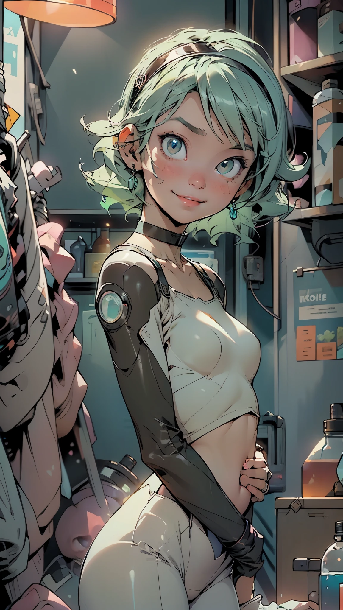 (science fiction:1.3), (absolute masterpiece quality:1.2), ((high-resolution)), (high-Vision), ultra detailed, super fine illustration, 32k, intricate detailed design, nice hands, perfect hands, vivid colors, 1 beautiful mech lady, perfect face, beautiful face, cute face, hair intakes, disheveled messy hair, medium hair, cyan hair, inner colored light green hair, cyan eyes, medium large breasts, glowing eyes, glowing fluorescent plug bodysuit, luxury jewelry, choker, hairband, fun atmosphere, casual smile, full body,(nsfw:0.55), ((flat chested, flat stomach, baby face)), (intense colors) 