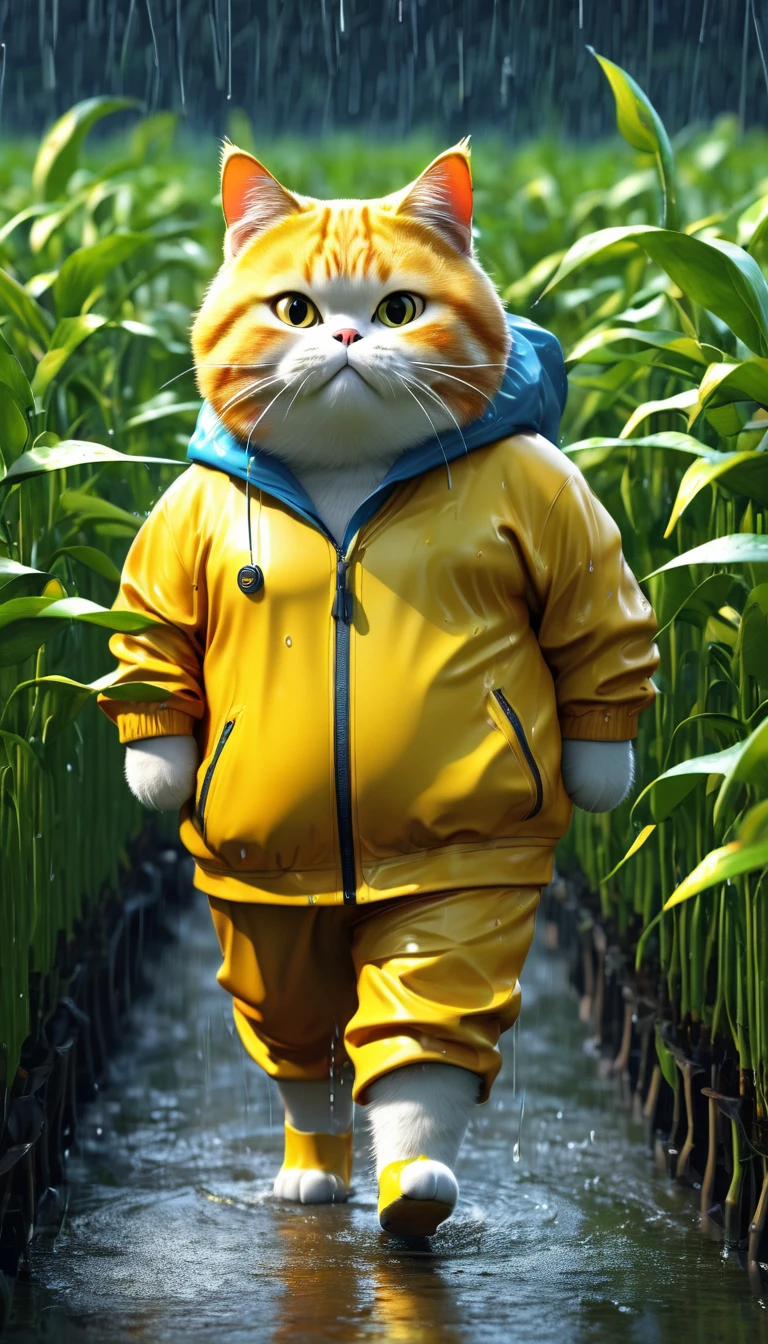 There was a fat orange cat, an old pair of long pants, a long-sleeved yellow shirt, one was going to steal the crops, the rain, the wind, the thunder,8k, photo, illustration, 3d render, typography, cinematic, poster