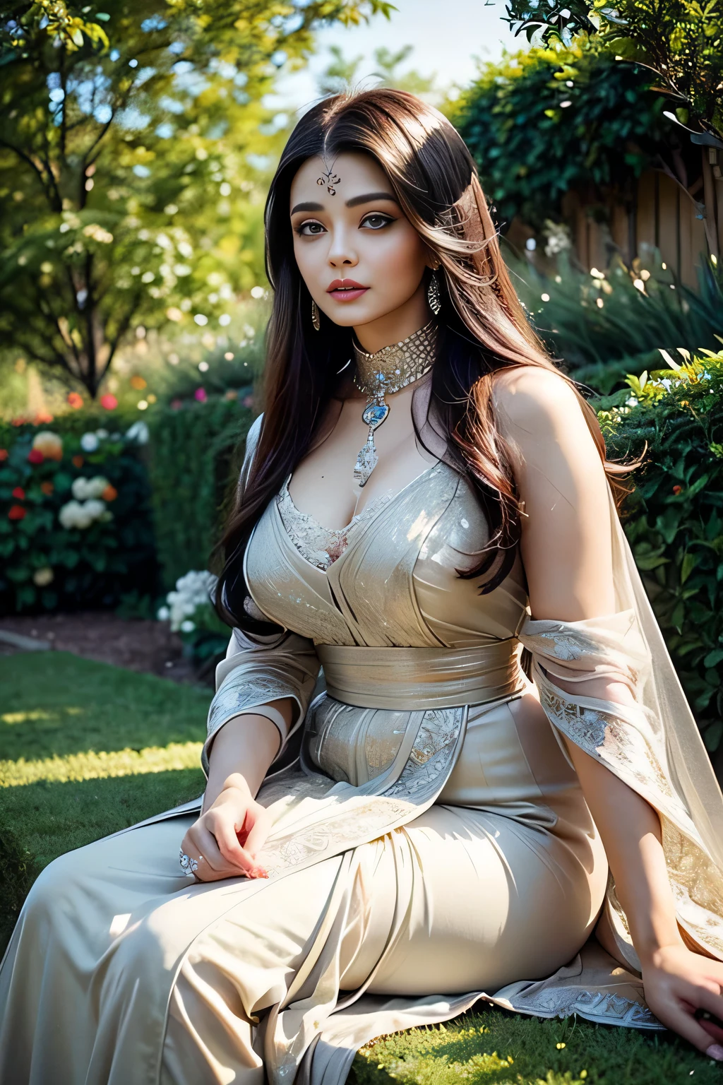 A Aishwarya Rai in a garden, (best quality, ultra-detailed, realistic:1.37), studio lighting, big breast, dress transparant, portrait, soft color tone, graceful pose, sunny garden