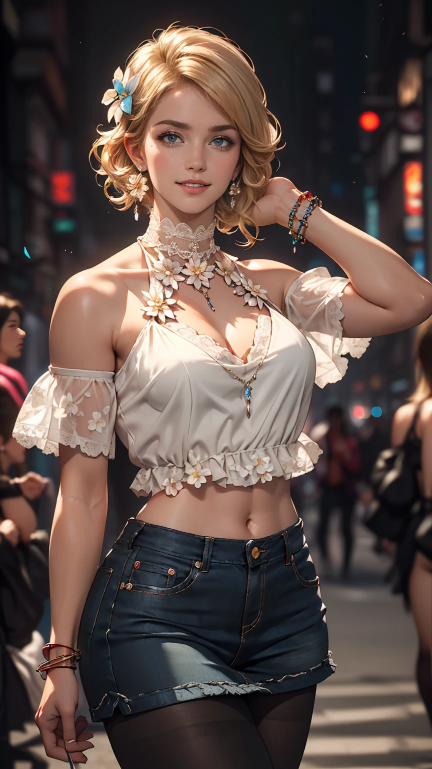 (8K, RAW Photos, highest quality, masterpiece:1.2), (Realistic, photo-Realistic:1.37)、Earrings, eyelash, pantyhose、セクシーな刺激的なsmile、 (Shiny skin:1.05)、fashion model body shape、Having her hair done、My chest is popping out、Wear accessories on your wrist、Wearing accessories on the ankle、Background blur((depth of field)、smile、White woman、Platinum Blonde、blue eyes、Curly Hair((curly hair))、High-neck halter neck with lace embellishment((high neck halter neck))Wear a top from、Navel visible、Wear a low-rise miniskirt、Wear mules、smile、Hair Flower((hair flower))、Wear a lace choker