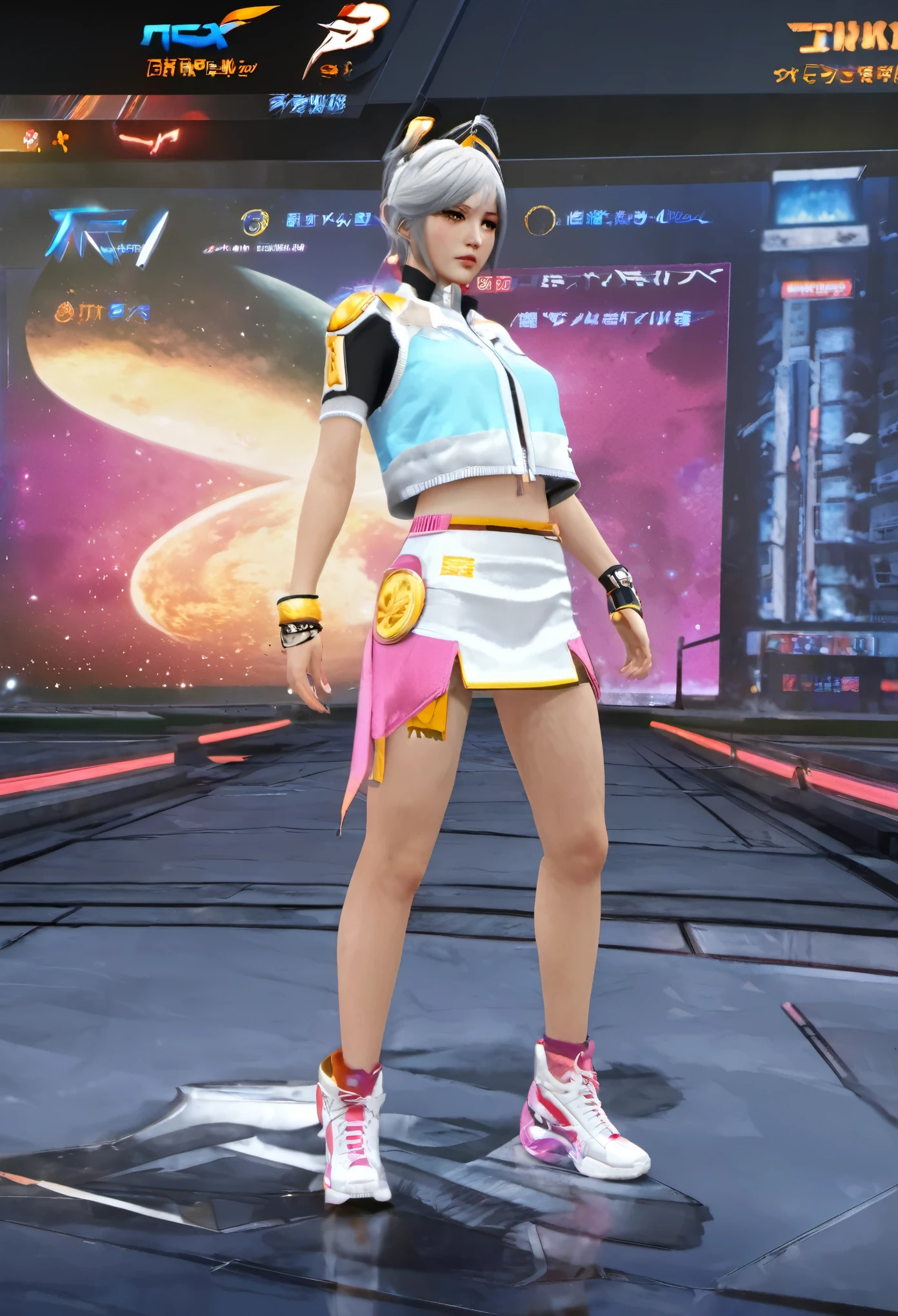 a close up of a person in a short skirt and sneakers, lunar themed attire, female outfit, chrome outfit, fashion gameplay screenshot, bra and shorts streetwear, multilayered outfit, intriguing outfit, as a character in tekken, in-game, in - game, futuristic attire, ingame image, hip skirt wings, kda, mini-skirt