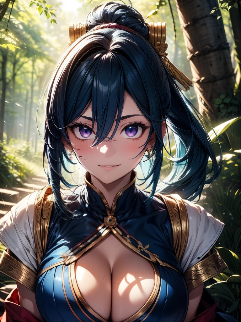 {{{masterpiece}}}, {{{best quality}}}, {{ultra-detailed}}, {cinematic lighting}, {illustration}, {beautifuly detailed eyes}, {1girl}, {full body glamour shot}, extremely detailed, 1girl, solo, flirtatious pose, A beautiful shinobi warrior, blue hair in a long ponytail, wearing gold and blue clothing, warrior, playful smile, purple eyes, huge breasts, cleavage, hourglass figure, facing viewer, outdoors, woodland background, highly detailed face and clothing, slightly narrow eyes, perfect face, fair skin, hair bangs, long hair, noble beautiful, traditional Japanese clothing, shinobi woman, dynamic camera angle, from above and to the side