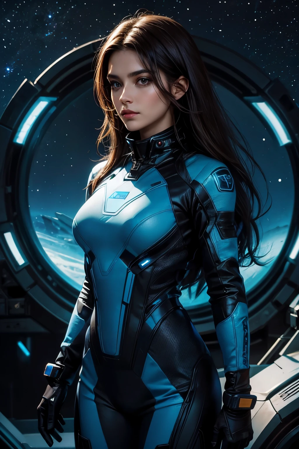 A beautiful woman. Dark brown hair. Twenty-five years old. She is looking at the camera with a defiant expression. She is wearing a blue-black space suit. Part of the spaceship is visible in her background. The spaceship is landing in a forest full of virgin forest.