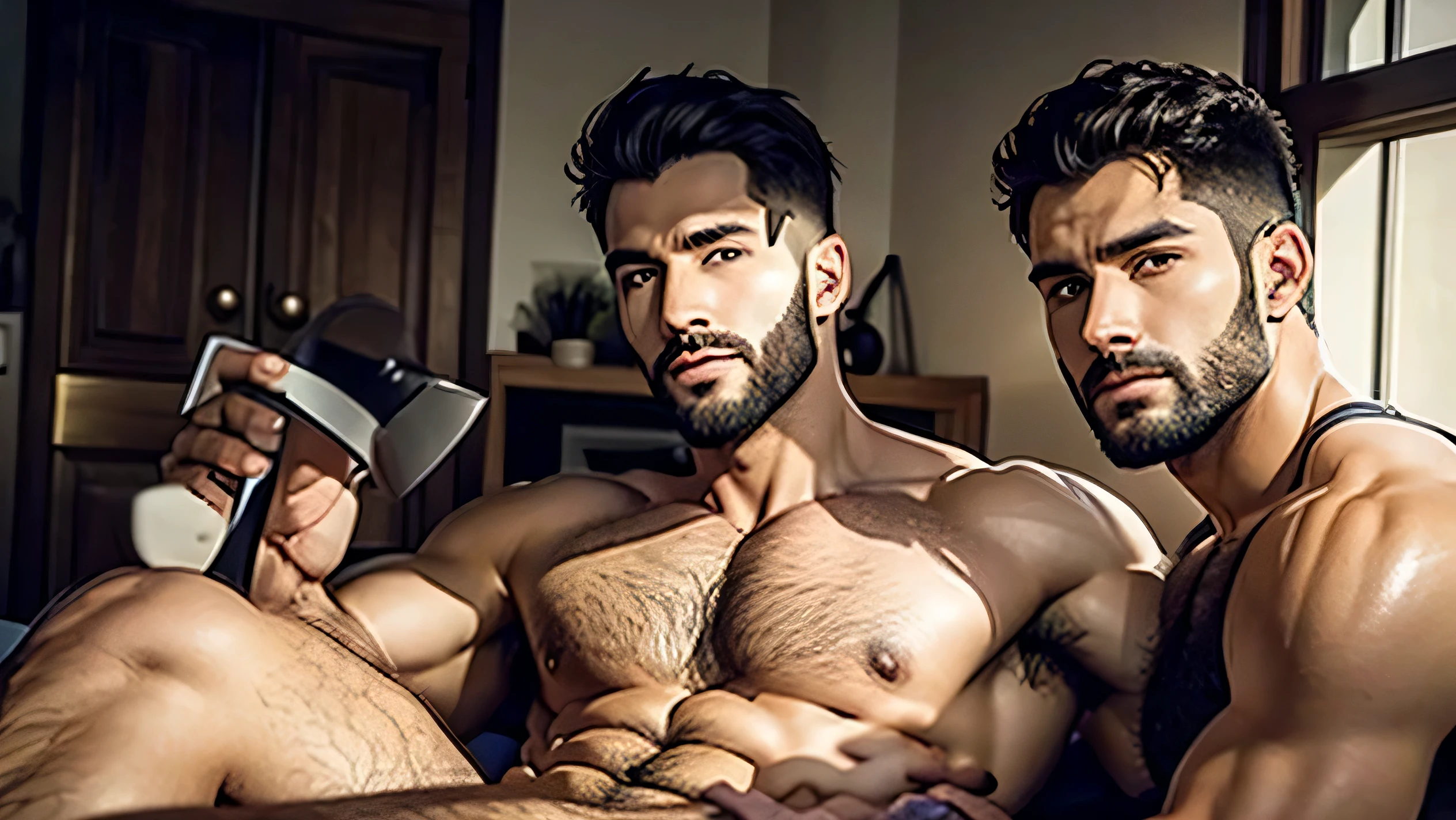 3 BEAUTIFUL MEN AROUND 30 YEARS OLD SHIRTLESS with very short cut hair WITH FACIAL HAIR AND HAIRY CHEST FULL BODY IN PICTURE