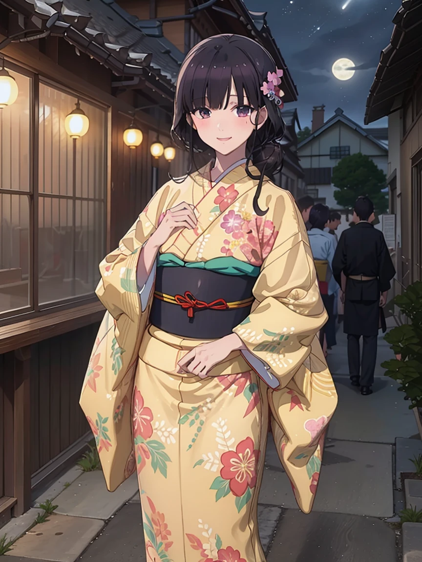 MiyoSaimori, 1girl, solo, Black-purple hair, (Yellow Hachijo Kimono:1.3), (Plaid yukata:1.3)
BREAK 
(sfw), (full body shot), put hand on breast, head tilt
BREAK
smile, happy, blush, :b
BREAK 
Anime style, official art, best masterpiece, best quality, best resolution, 8K, best detailed, perfect anatomy
BREAK
old japanese house, dust, night sky, extremely detailed CG unity 16k, very fine 16KCG wallpapers