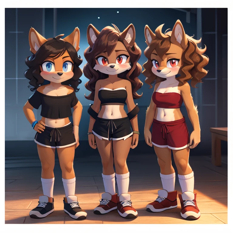 mobian, hedgehog, two-tone fur ((orange fur, brown fur)), pyjama elastic shorts, strapless crop top, cleavage, high-top sneakers, two-tone hair (brown hair, black tip)), curly hair, halo, sunglasses, jewelry, red eyes, longeyelashes, red eyes, smile, shy, blush, high detail, masterpiece, UHD, anatomically correct, super detail, highres, 4K