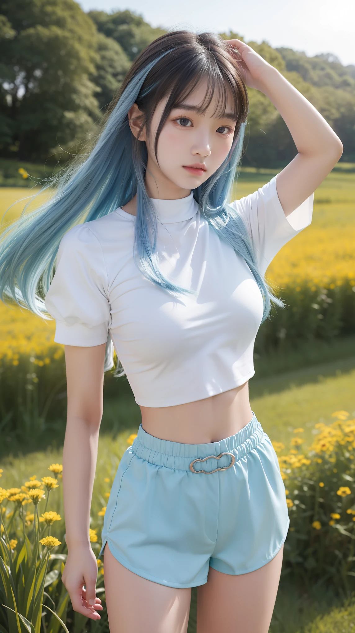 whole body, Young Korean girl in a fantasy world, 15 years, A 15-year-old Korean girl is in a field, Fantasy Field, Small breasts, shape, Long light blue hair, Tight white armor exposing the midriff, Exposing the abdomen, White shorts, , ((Small waist)), Small Face