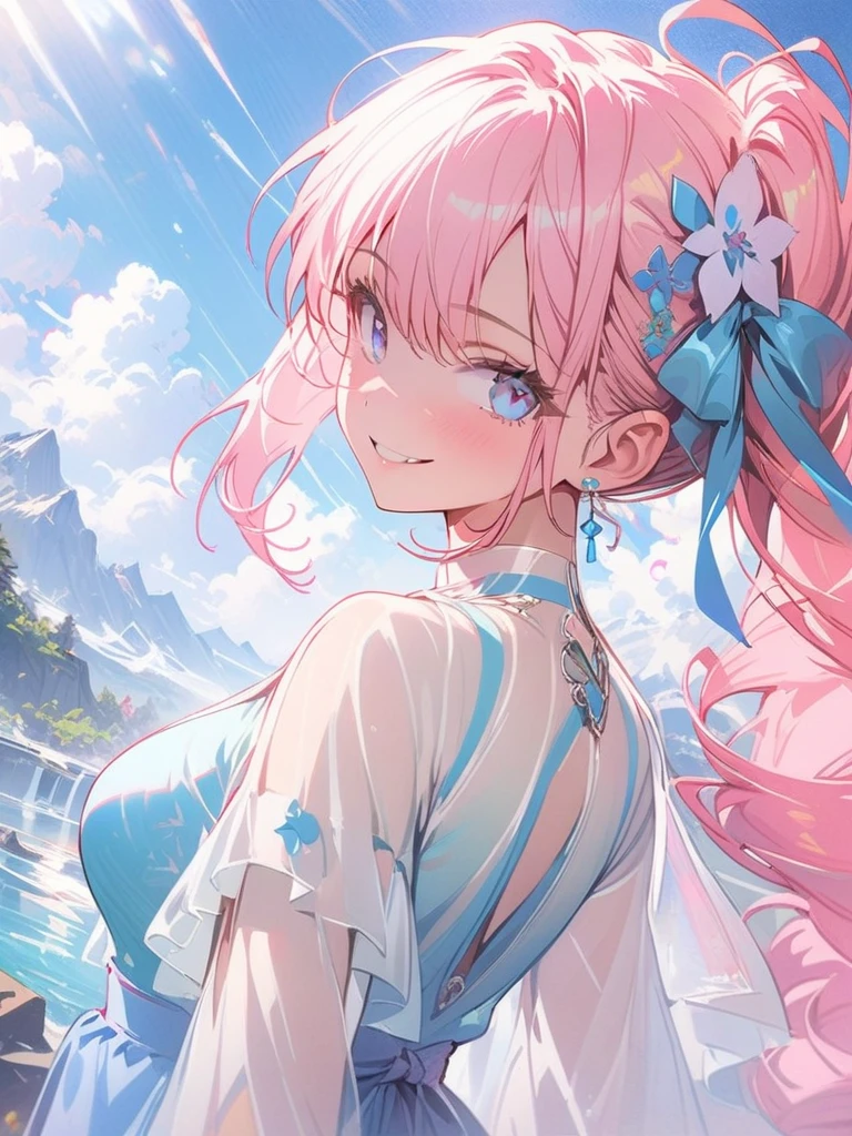 (masterpiece, best quality:1.2), 1 Girl, Solitary((masterpiece)), ((best quality)), ((high resolution)), ((Fine details)), 1 Girl, Smile，Pink hair anime girl,blue eyes, Blue long skirt，White Silk，artstation pixiv