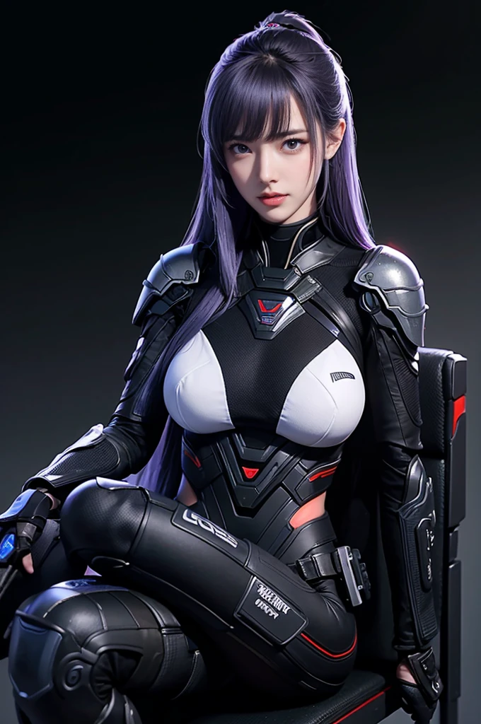 a young woman without breast is enjoying a relaxing time in a Chair, 1 Girl, nipple, breast, nude, Long hair, Solitary, sitting, Cross your legs, navel, blue eyes, barefoot, Looking at the audience, open mouth, purple hair, Smile, Chair, masterpiece,Best quality,high resolution,8k,((portrait)),(Head close-up),original photo,real picture,digital photos,(赛博朋克风格女性Special Forces战士),(Special Forces),20 year old girl, hairstyle,By Bangs,Amazing amount of hair,red eyes hair),Big breast,Chest groove, Accessories,Open lips,Keep your mouth calm and attractive,Serious and arrogant,Calm and handsome,(Special Forces Clothing,Combat Suit,Combined Armor,Black),Photo poses,Cyberpunk Characters,Sci-fi style,Gray background,oc render reflection texture