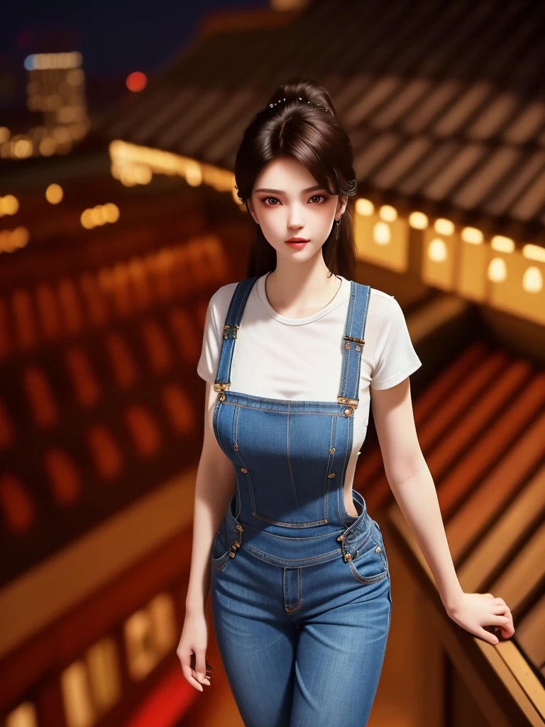 SYWZwangyuanyuan,1 Girl,High Ponytail,,Cowboy shooting, Scapula,((midnight, best quality, 8k, masterpiece :1.3)), whole body, Long legs, Clear focus :1.2, Beautiful woman with perfect body :1.4, Slim abdominal muscles :1.1, ((Dark brown hair, Large Breasts :1.2)), (White Tight T-shirt, Overalls Jeans, permanent:1.2), ((City night scene, roof:1.3)), Highly detailed face and skin texture, Delicate eyes, double eyelids