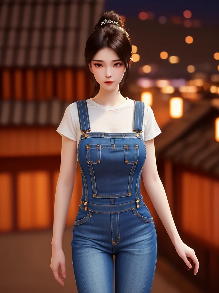 SYWZwangyuanyuan,1 Girl,High Ponytail,,Cowboy shooting, Scapula,((midnight, best quality, 8k, masterpiece :1.3)), whole body, Long legs, Clear focus :1.2, Beautiful woman with perfect body :1.4, Slim abdominal muscles :1.1, ((Dark brown hair, Large Breasts :1.2)), (White Tight T-shirt, Overalls Jeans, permanent:1.2), ((City night scene, roof:1.3)), Highly detailed face and skin texture, Delicate eyes, double eyelids