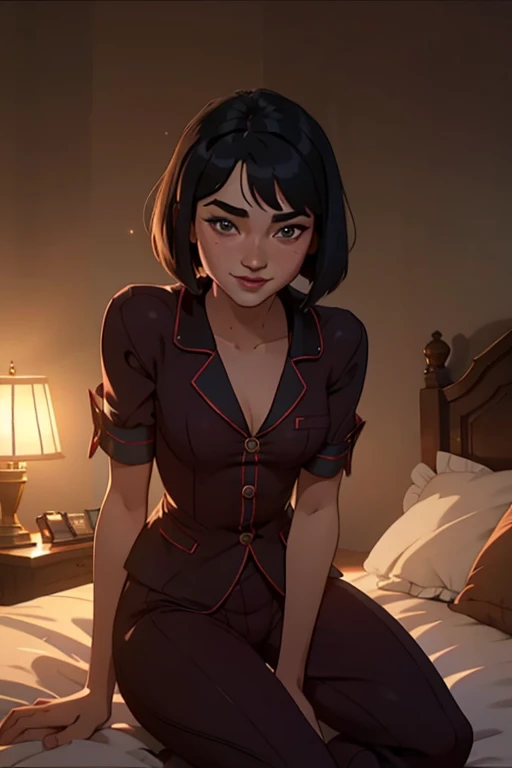 sexy 30 year woman sitting on her knees in bed in pajama, smiling lustful, beautiful face (Florence Pugh), only fans, cinematic natural light, dust particles in light, sexy, sensual, provateur, hair like spider girl, bob cut, black hair, 18 years old, 4k, sexy look, slight smile, sexy body
