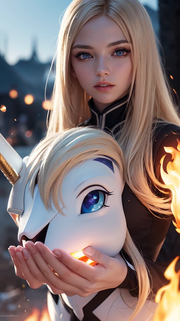 (Dentate skin:1.5), Practical, Practical, (masterpiece:1.5), concept art, Intricate details, Very detailed, Practical, Octane Rendering, 8k, Unreal Engine, Dynamic poses, best quality, high resolution, (Practical face:1.1), (Surrealism:1.1), ((full_Body)), Perfect eyes, (Glowing skin: 1.2), (((hairstyle))), (((Perfect hands)) ), (Very detailed background), ((Dynamic Background), ((fire), (firelight), (1 Girl)), Handsome (((Shining Armor))), ((Delicate eyes, High quality eyes, High quality face shape)), (Extremely complex clothing), Long blond hair, firelight, sun, sunlight, ((dramatic)), epic, battlefield, Depth of Field, Bokeh, 4K, Gothic, Ash, particle