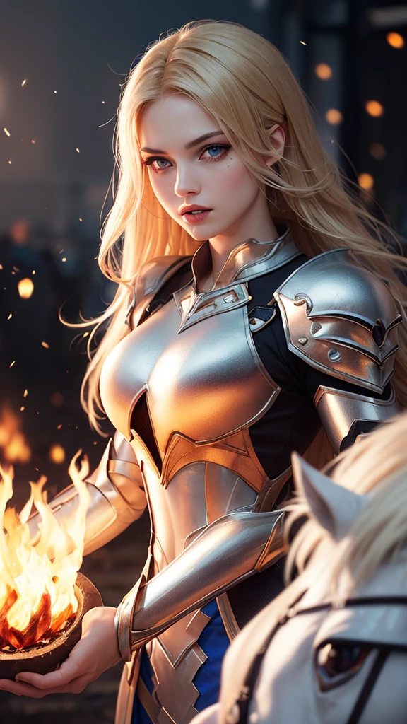 (Dentate skin:1.5), Practical, Practical, (masterpiece:1.5), concept art, Intricate details, Very detailed, Practical, Octane Rendering, 8k, Unreal Engine, Dynamic poses, best quality, high resolution, (Practical face:1.1), (Surrealism:1.1), ((full_Body)), Perfect eyes, (Glowing skin: 1.2), (((hairstyle))), (((Perfect hands)) ), (Very detailed background), ((Dynamic Background), ((fire), (firelight), (1 Girl)), Handsome (((Shining Armor))), ((Delicate eyes, High quality eyes, High quality face shape)), (Extremely complex clothing), Long blond hair, firelight, sun, sunlight, ((dramatic)), epic, battlefield, Depth of Field, Bokeh, 4K, Gothic, Ash, particle