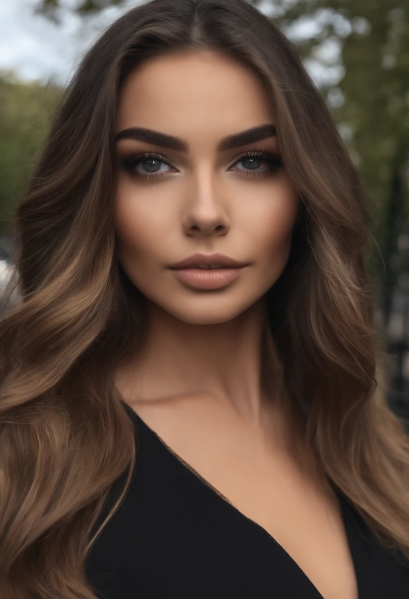 Femme latino et suédoise, Fille sexy aux yeux bleus, ultra realistic, meticulously detailed, Portrait de Sophie Mudd, cheveux bruns et grands yeux, selfie d'une jeune femme, Fond de Londres, suite noire, avec du maquillage, Maquillage naturel, regarder directement la caméra , visage avec artgram, maquillage subtil, Superbe photo de tout le corps dans la rue, in London, Medium to large bust, dans une tenue vestimentaire sexy, debout sur le parc de Londres