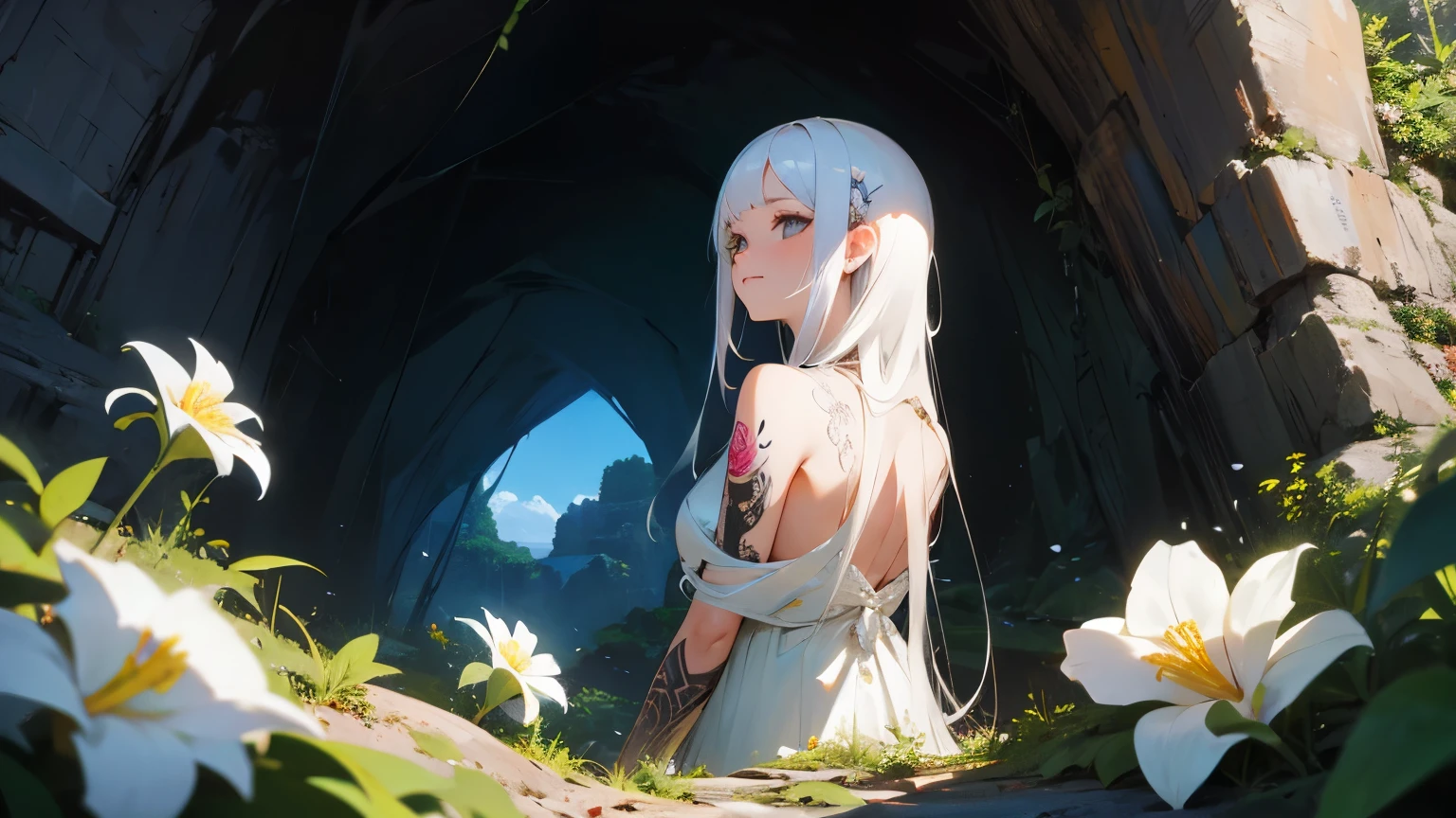 One girl, alone, white_hair, Tattoo, cave, Lush, Flowers, beautiful, Idyllic, Majestic, Absurd, Hyperrealism, texture, maximum_detailed, Digital SLR 