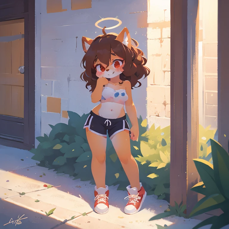mobian, hedgehog, two-tone fur ((orange fur, brown fur)), pyjama elastic shorts, strapless crop top, cleavage, high-top sneakers, two-tone hair (brown hair, black tip)), curly hair, halo, sunglasses, jewelry, red eyes, longeyelashes, red eyes, smile, shy, blush, high detail, masterpiece, UHD, anatomically correct, super detail, highres, 4K
