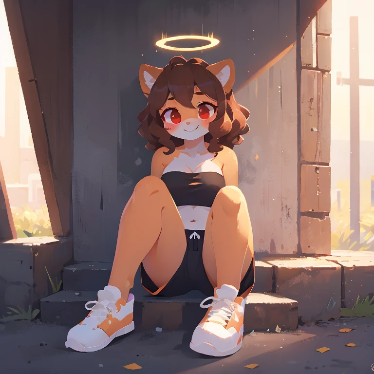 mobian, hedgehog, two-tone fur ((orange fur, brown fur)), pyjama elastic shorts, strapless crop top, cleavage, high-top sneakers, two-tone hair (brown hair, black tip)), curly hair, halo, sunglasses, jewelry, red eyes, longeyelashes, red eyes, smile, shy, blush, high detail, masterpiece, UHD, anatomically correct, super detail, highres, 4K