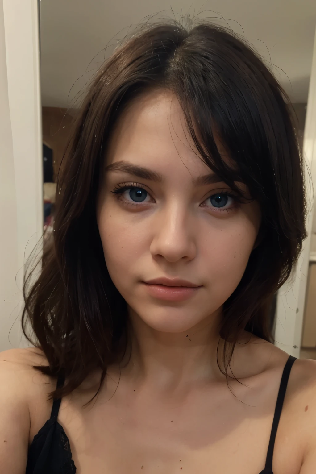 ((best quality)), ((masterpiece)), (detailed), perfect face, Ultra high resolution, Photorealistic:1.4, UHD, Very realistic, very beautiful, girl, taking a selfie in the mirror, blue eyes, black hair, realistic skin, full growth,