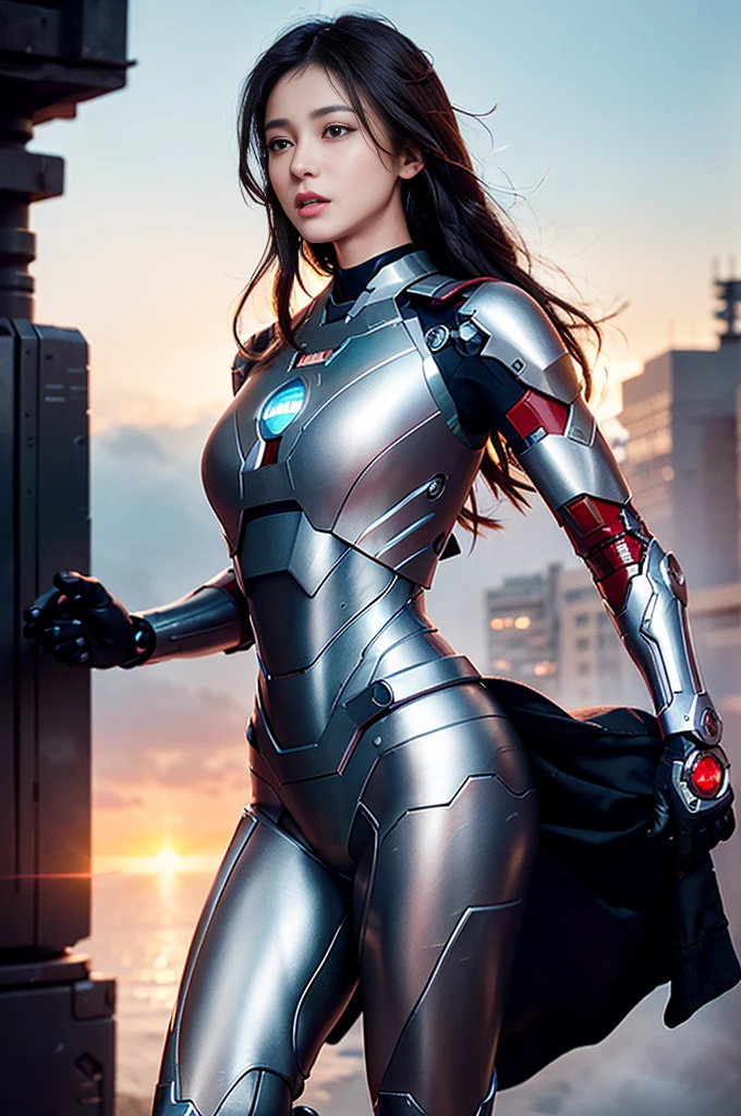 Raw, masterpiece, Ultra-fine photos,, best quality, Ultra-high resolution, Reality, Sunlight, Full body portrait, Stunning beauty,, Dynamic poses, Delicate face, Vibrant eyes, (side view) , She&#39;s wearing a futuristic Iron Man suit, Very detailed background, Delicate face, Detailed busy background, messy, Gorgeous, milky, Highly detailed skin, Realistic skin details, Visible pores, Clear focus, Volumetric Fog, 8K Ultra HD, DSLR camera, high quality, Film Grain, White skin, Photorealism, Rama Photography, A sprawling metropolis in a dystopian future, view from below, translucent