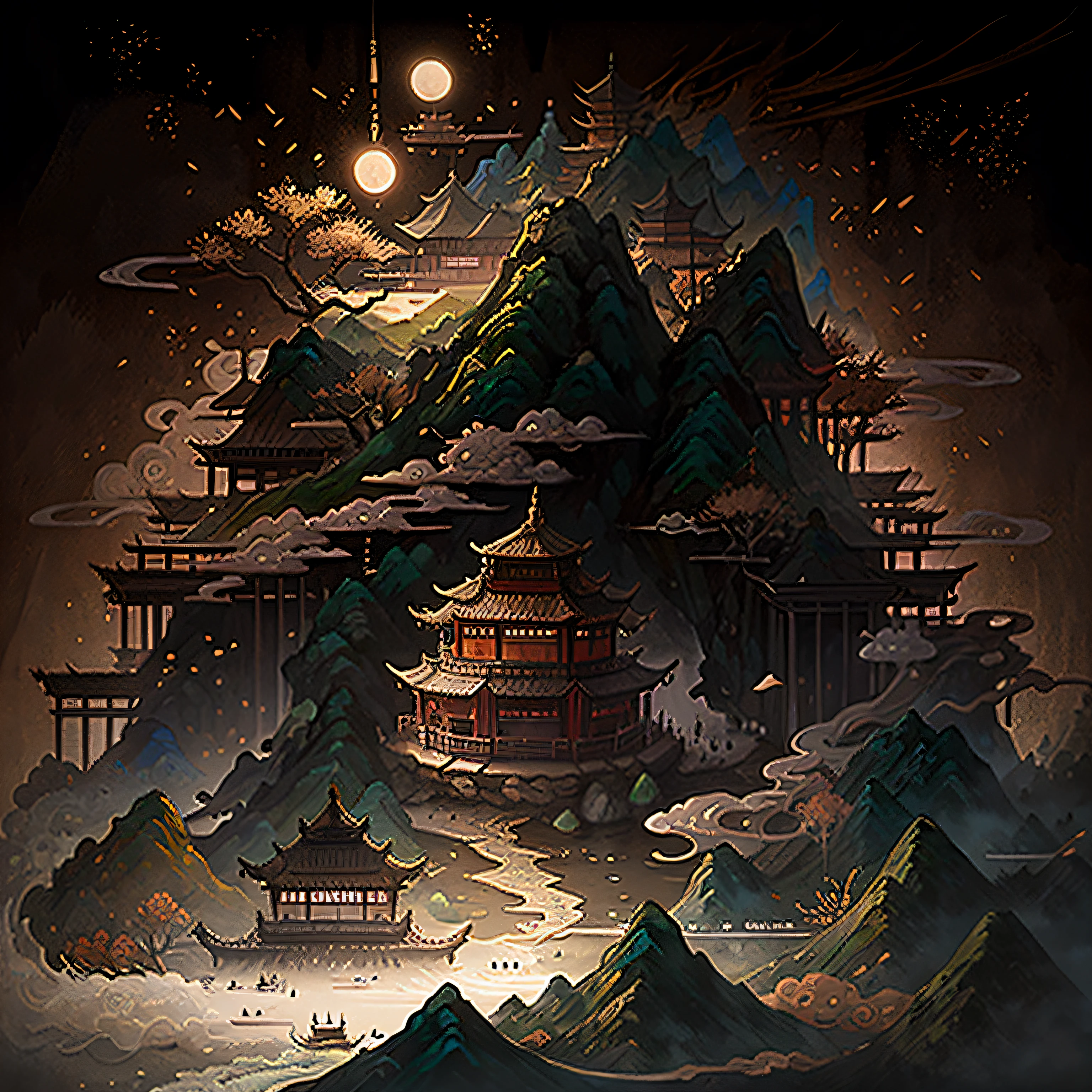 In heavy rain，（（A huge castle complex of ancient square-topped stones burning in the fire））The picture quality is excellent，Lightning，Yellow light fog，电影灯光，Natural, realistic colors，Full composition，The style refers to Van Gogh，Subject content，Burning wooden ancient domed stone giant castle game scene 1：60 miniatures，Lightning and lightning，Agate glass texture 32K（tmasterpiece，k hd，hyper HD，32K）Long flowing bright purple hair，Autumn Pond，zydink， a color， Asian people （Kizi）， （Red scarf）， Combat posture， looking at the ground， long whitr hair， Floating bright purple， Fire cloud pattern gold tiara， Chinese long-sleeved gold silk garment， （abstract ink splash：1.2）， white backgrounid，Lotus protector（realisticlying：1.4），Bright purple hair，Smoke on the road，The background is pure， A high resolution， the detail， RAW photogr， Sharp Re， Nikon D850 Film Stock Photo by Jefferies Lee 4 Kodak Portra 400 Camera F1.6 shots, Rich colors, ultra-realistic vivid textures, Dramatic lighting, Unreal Engine Art Station Trend, cinestir 800，Long flowing bright purple hair