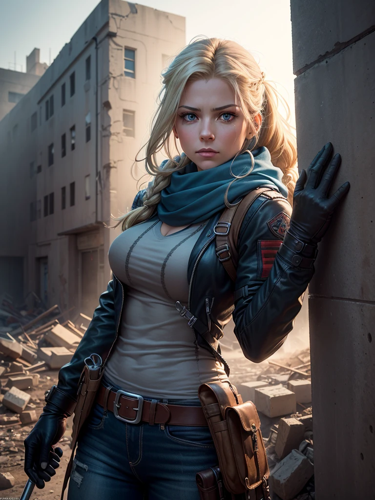 Dramatic Lighting, Deep shadows, Closer, Ruined streets, rubble, Fire, smokes, People flee, A woman, Katheryn Winnick, Blonde braided hair blowing in the wind, Light blue eyes, A firm frown, Wearing a worn blue Goretex jacket, scarf, jeans, Tactical gloves, Gear belt with holster and scabbard, Against the wall, Gaze to the side