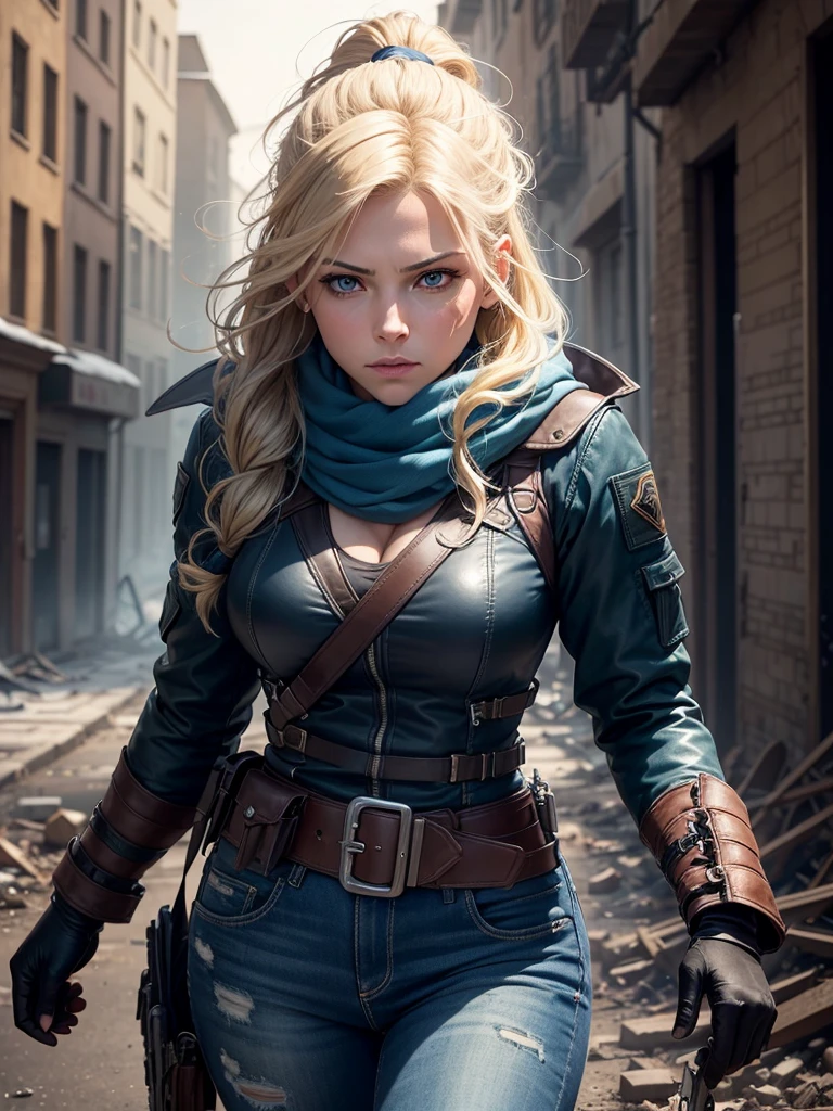 Dramatic Lighting, Deep shadows, Closer, Ruined streets, rubble, Fire, smokes, People flee, A woman, Katheryn Winnick, Blonde braided hair blowing in the wind, Light blue eyes, A firm frown, Wearing a worn blue Goretex jacket, scarf, jeans, Tactical gloves, Gear belt with holster and scabbard, Against the wall, Gaze to the side