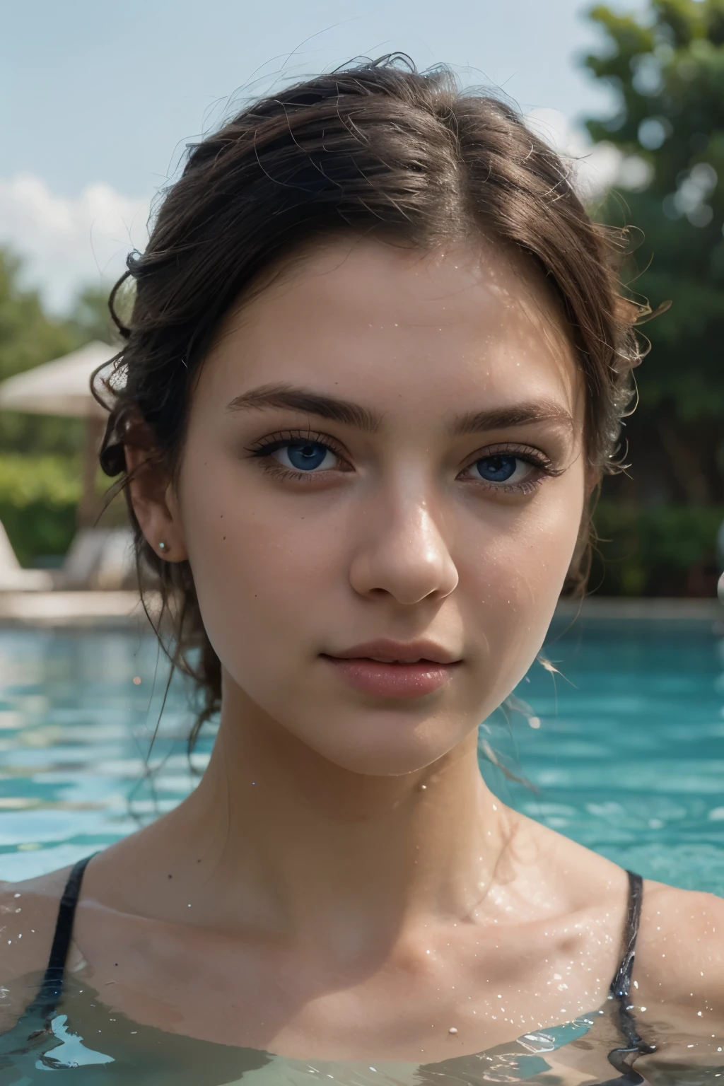 ((best quality)), ((masterpiece)), (detailed), perfect face, Ultra high resolution, Photorealistic:1.4, UHD, Very realistic, very beautiful, girl, swimming in the pool, blue eyes, black hair, realistic skin, full growth,