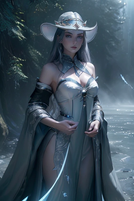 (master piece:1.8), (best quality:1.8), (exquisite lighting and shadow, highly dramatic picture, cinematic lens effect) 8k, wallpaper, looking at the viewer, female long silver hair waving in the air dark fantasy young witch lady wearing a futuristic dark gray large tunic with white ornaments and very long tunic sleeves, large dress with white ornaments, white lines in dress, with a big gray pointy magician hat with a big blue gem in the center, holding a middle magic staff, thin waist, notorious hips, serious look in the eyes, beautiful eyes, beautiful lips, blue shiny energy lake background, blue glowing mist behind, blue stars, blue energy flying spots behind, ethereal lightning, sharp focus